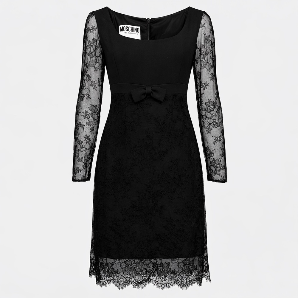 Moschino Couture Black Lace Long Sleeve Dress – Bow Detail – (30” at bow )